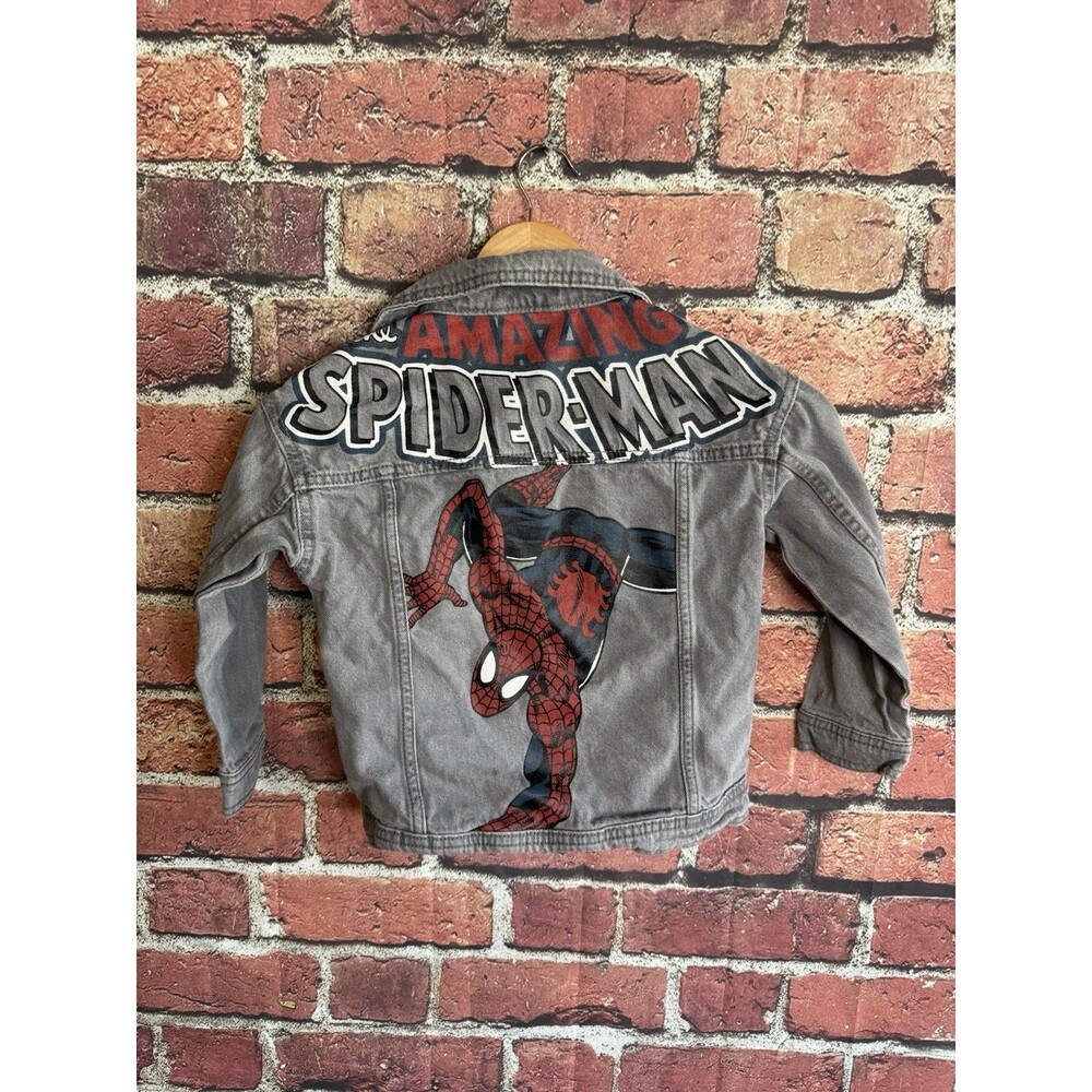 Marvel Spider Man Jean Jacket Gray Denim Coat Logo Kids Boys Size 6 Button Up
